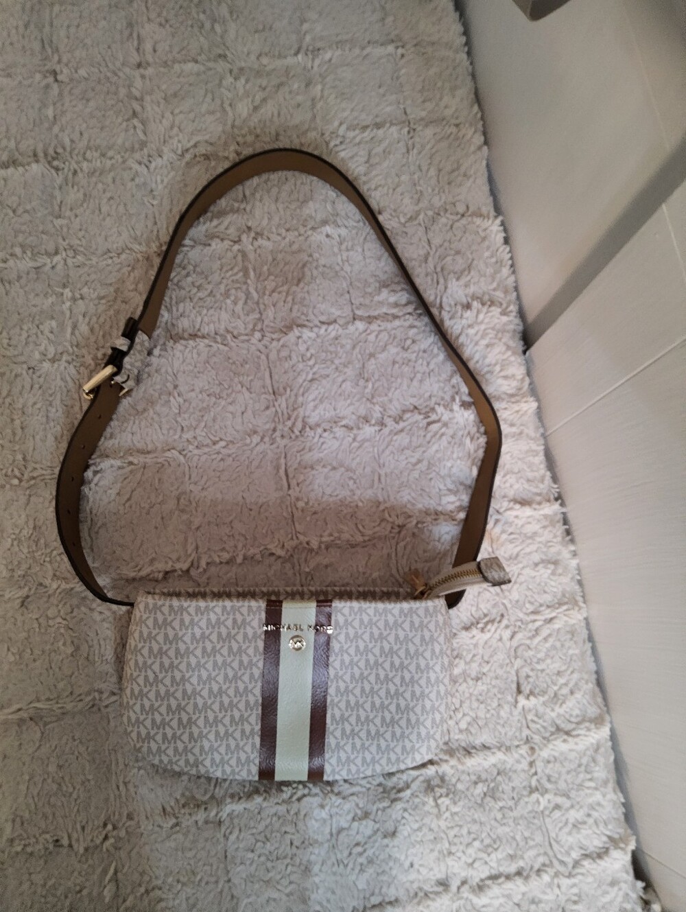 Michael Kors White Logo Crossbody with Brown and Cream Center Stripe
